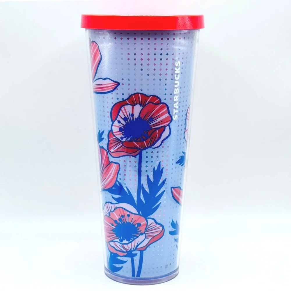 Starbucks Poppy Floral Cup Tumbler 24oz Blue Polka Dot Venti Acrylic Cold 2017